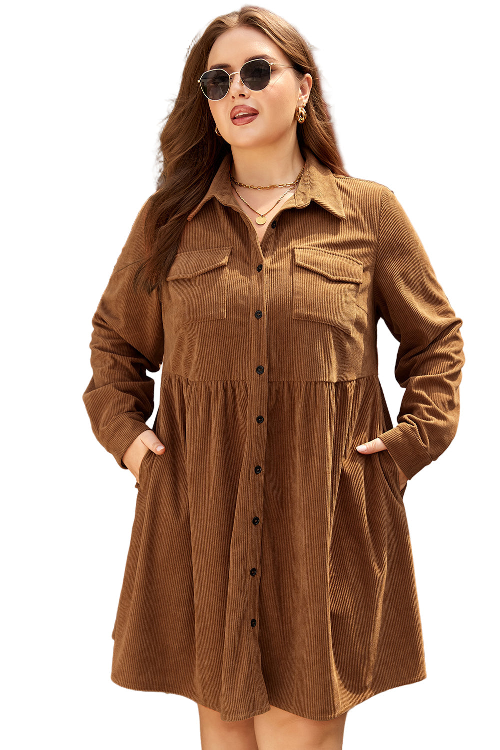 Camel Corduroy Collared Shirt Dress