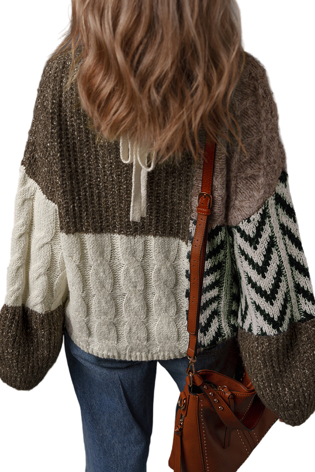 Color Block Patchwork Knotted Back Loose Fit Sweater