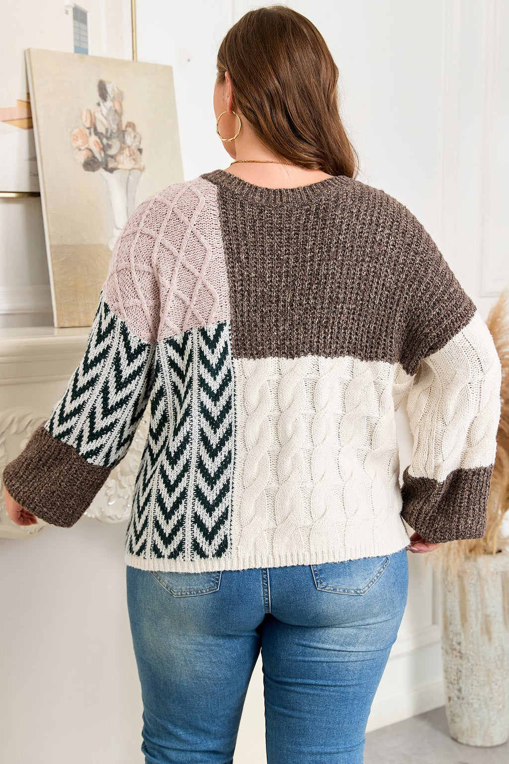 Color Block Patchwork Knotted Back Loose Fit Sweater