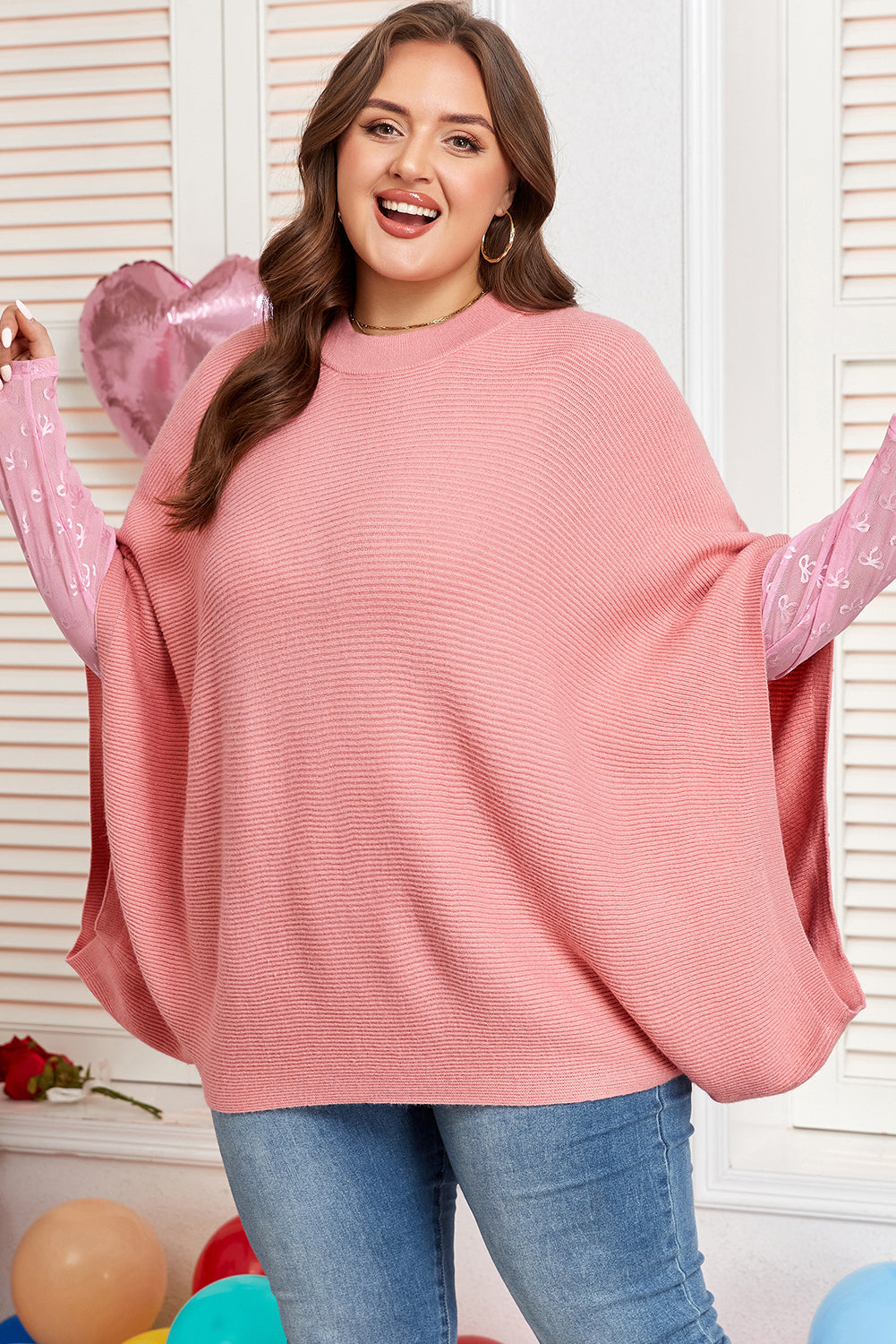 Light Pink Ribbed Knit Half Sleeve Poncho Sweater