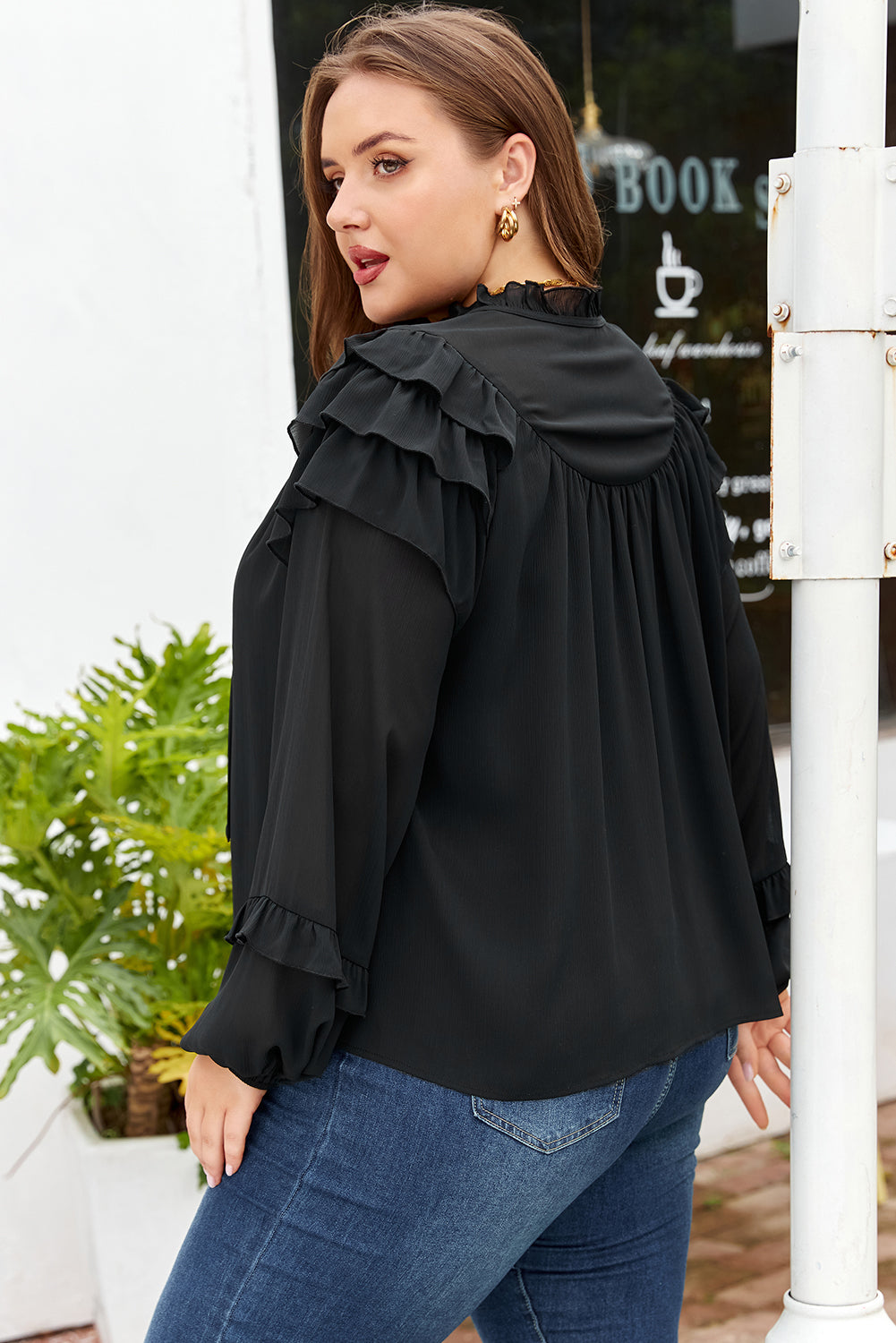 Black Ruffle Balloon Sleeve Chiffon Elegant Shirt