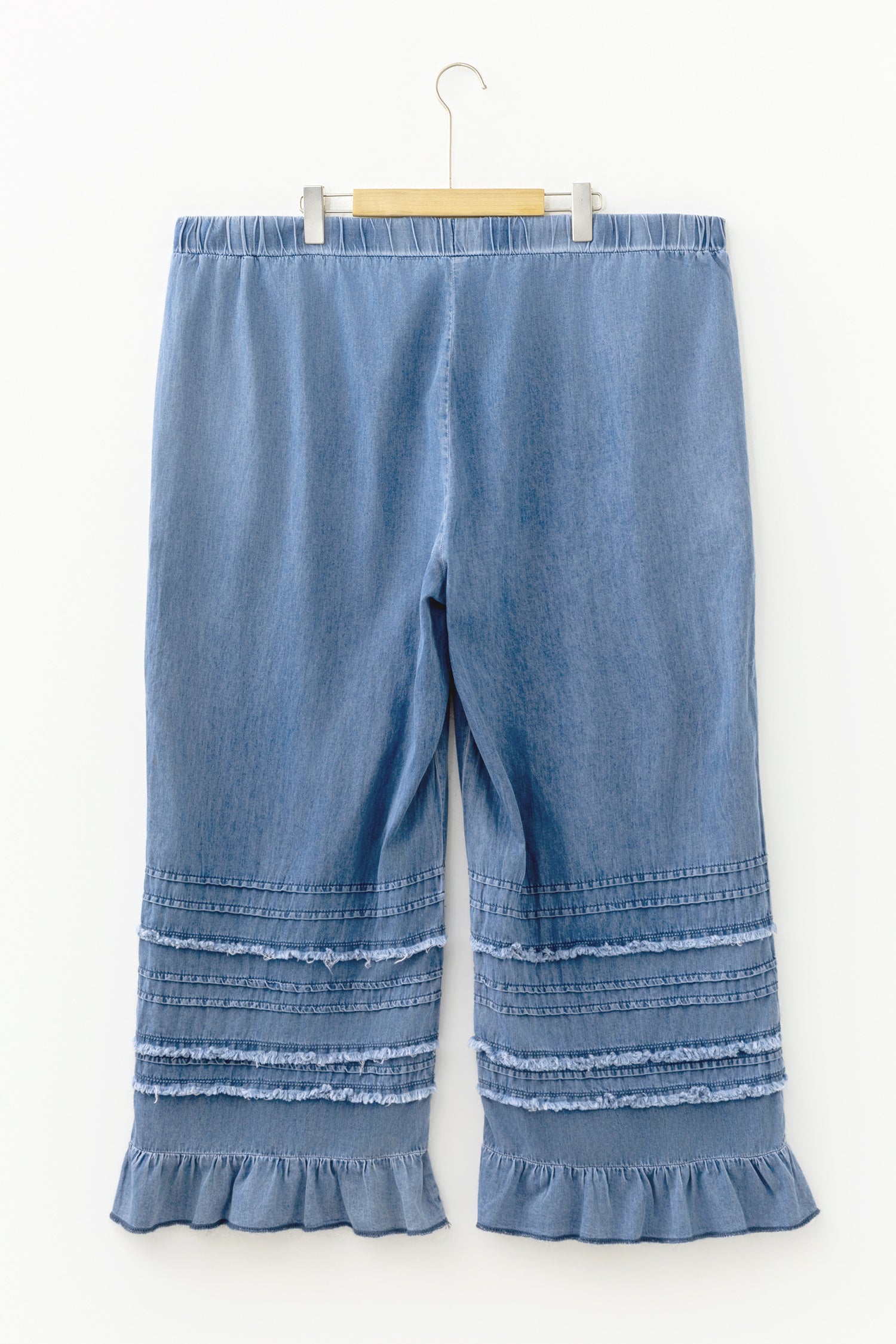 Dusk Blue Tiered Raw Edge Ruffled Wide Leg Denim Pants