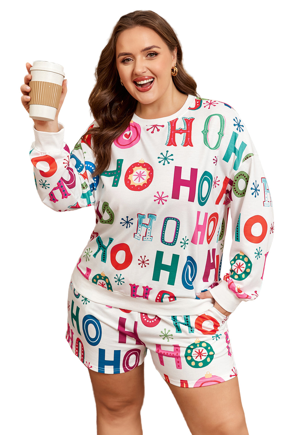 Christmas "Ho Ho Ho" Print Long Sleeve Top & Shorts 2pc Lounge Set