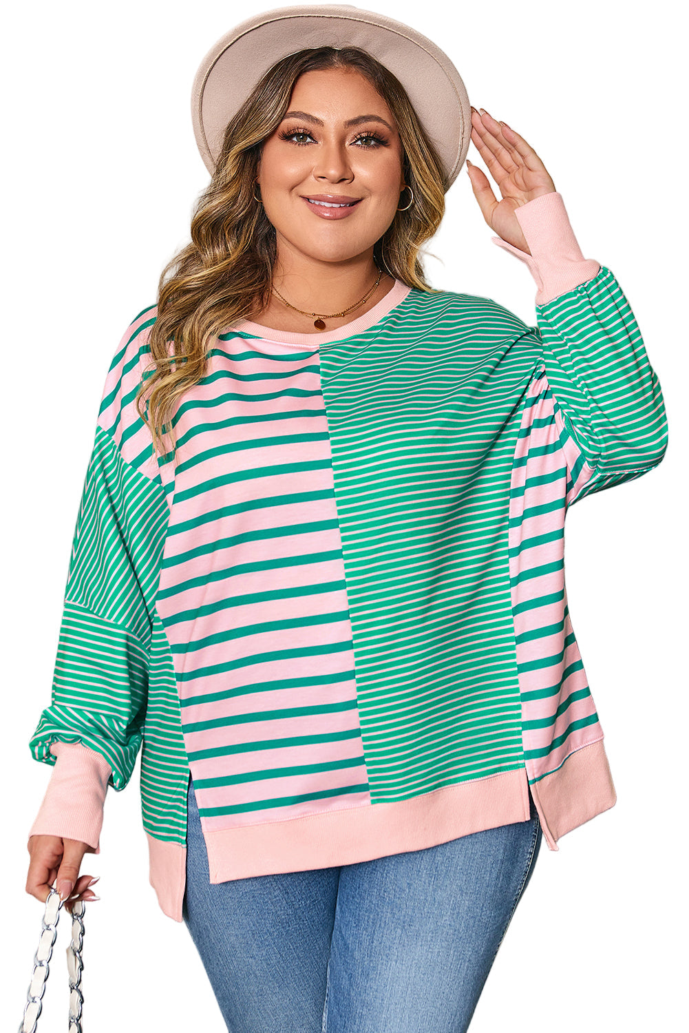 Green Stripe Color Block Sweatshirt