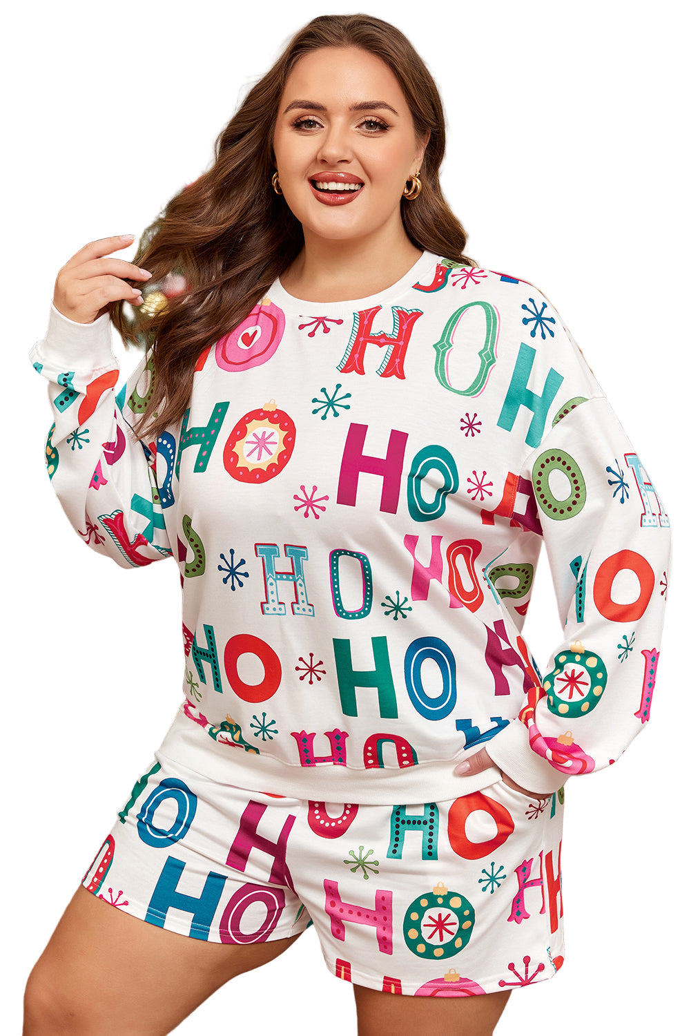 Christmas "Ho Ho Ho" Print Long Sleeve Top & Shorts 2pc Lounge Set