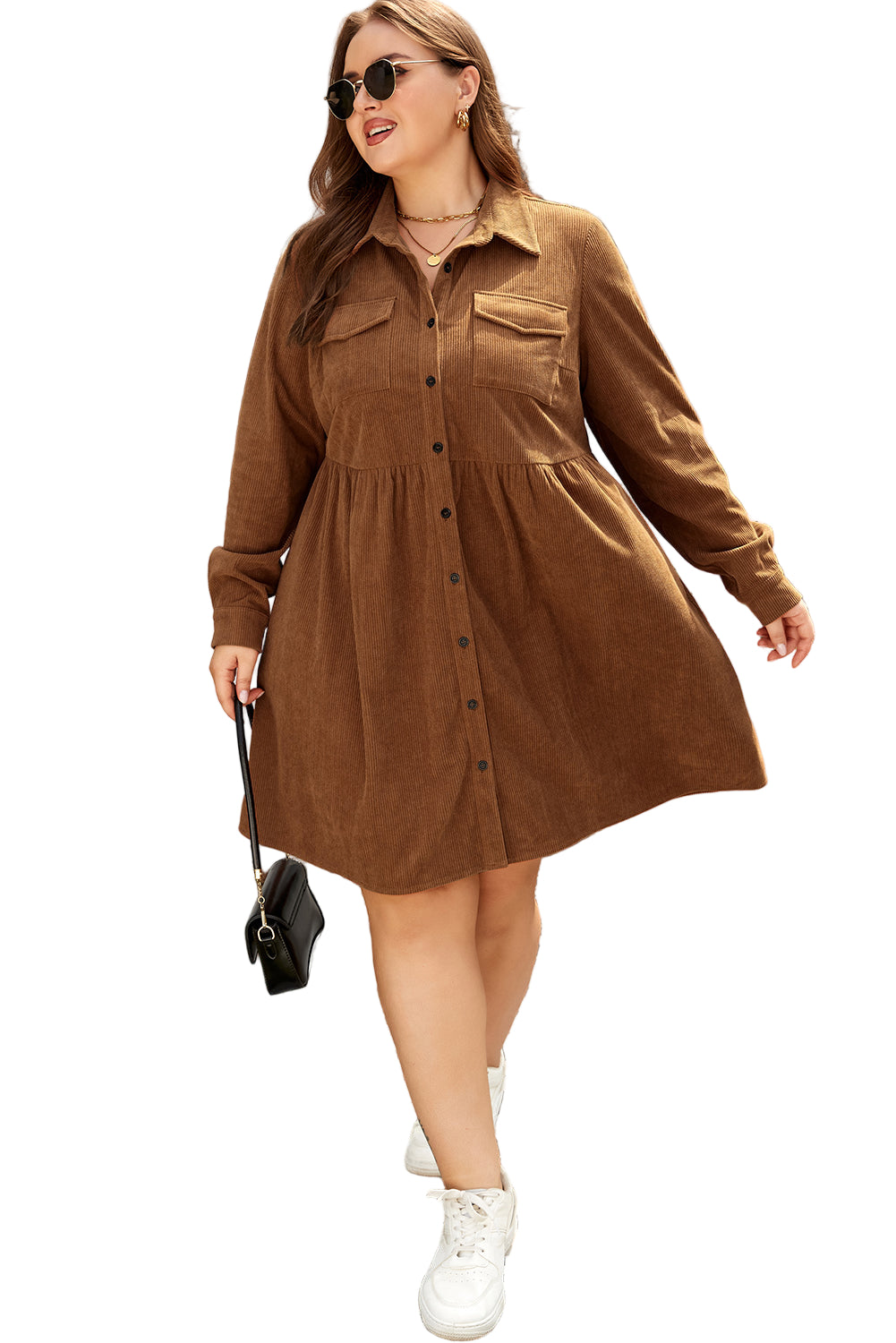 Camel Corduroy Collared Shirt Dress