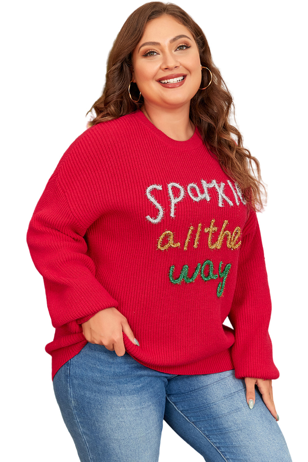 "Sparkle All The Way" Tinsel Crew Neck Plus Size Sweater