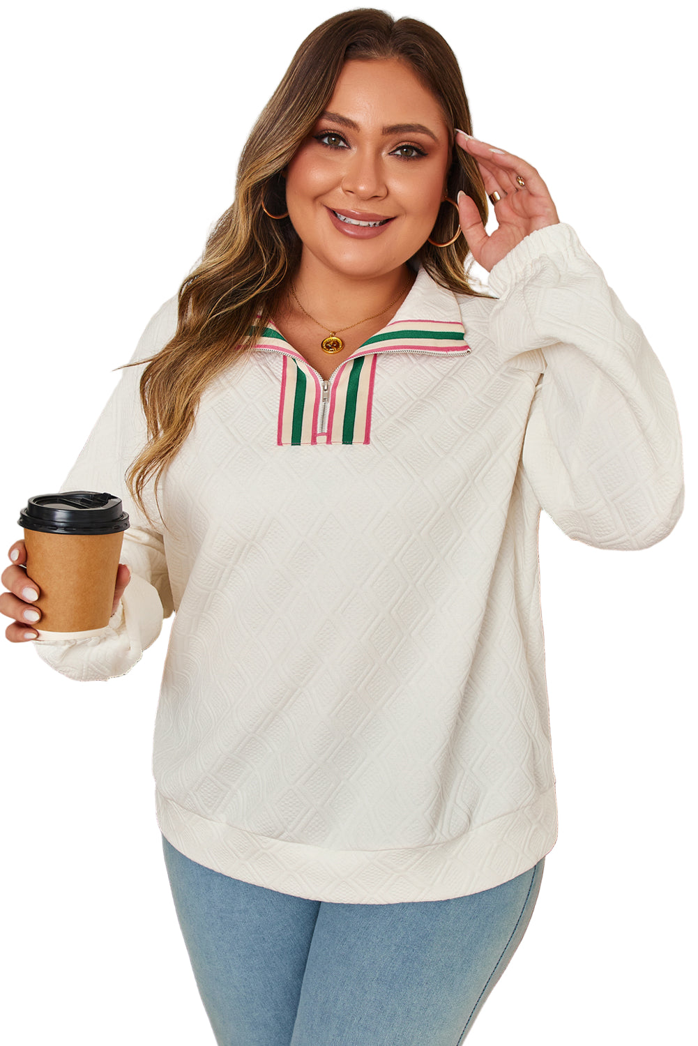 Beige Rhombus Texture Contrast Striped Collar Sweatshirt