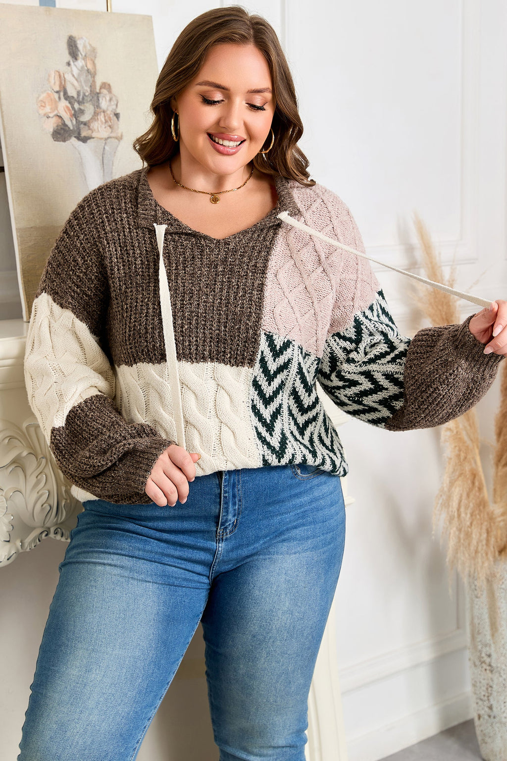 Color Block Patchwork Knotted Back Loose Fit Sweater