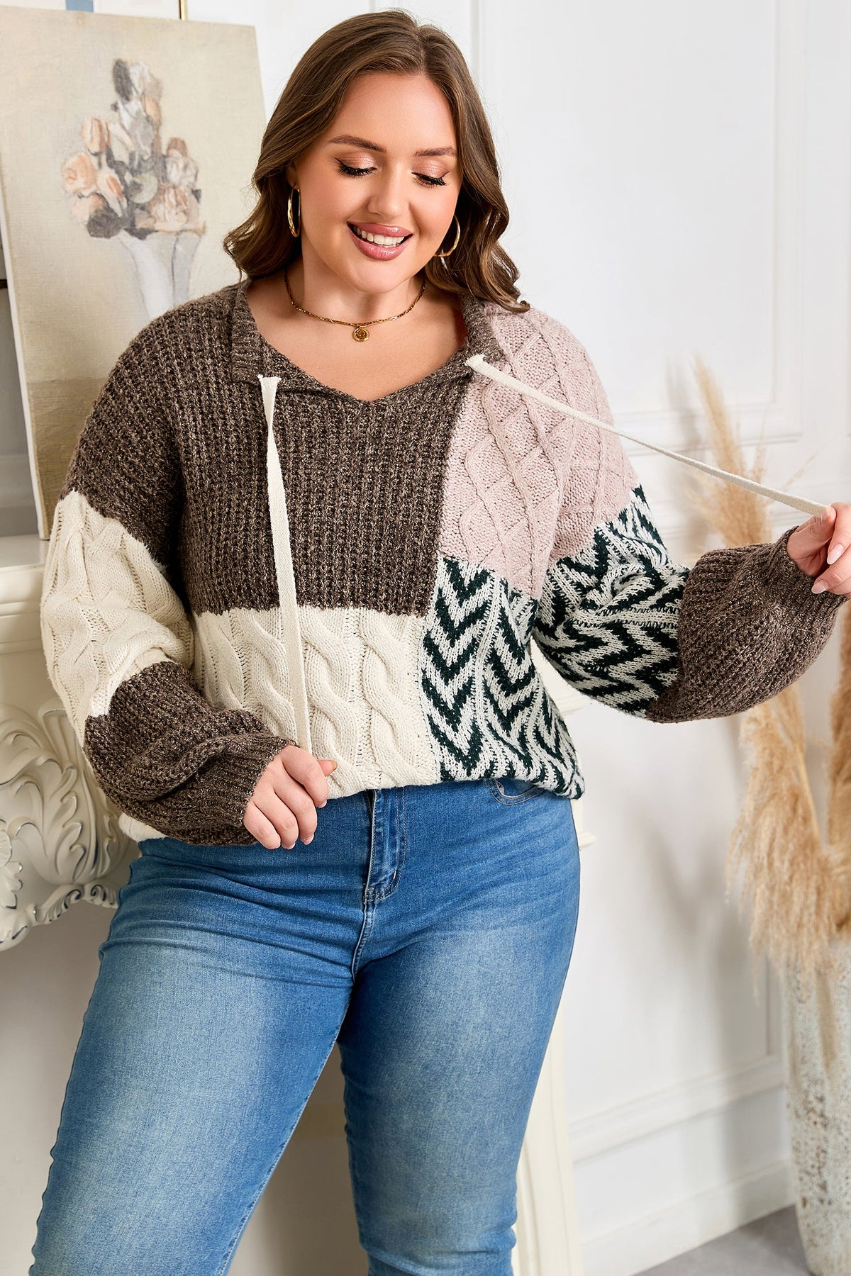 Color Block Patchwork Knotted Back Loose Fit Sweater
