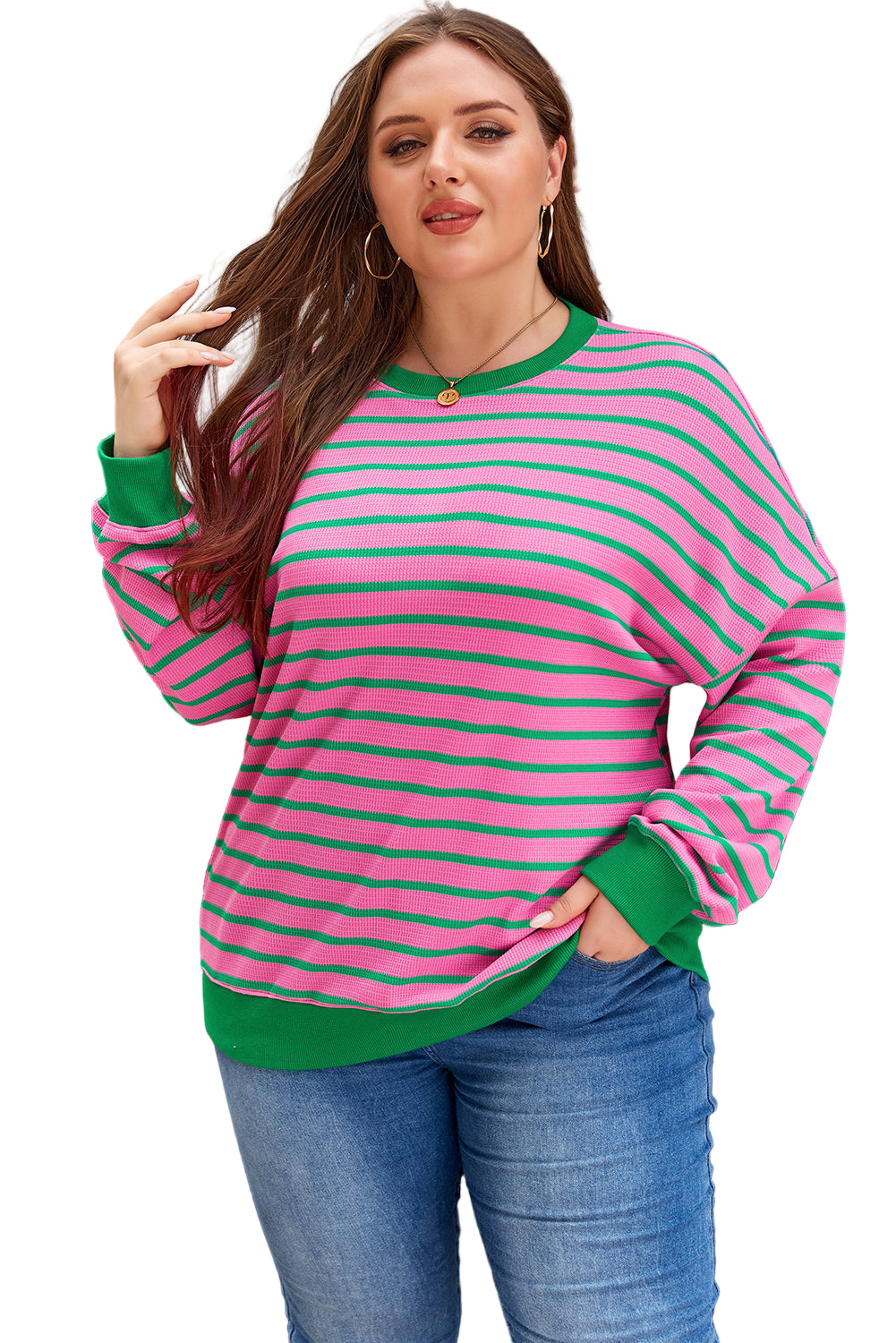 Pink Stripe Waffle Knit Sweatshirt