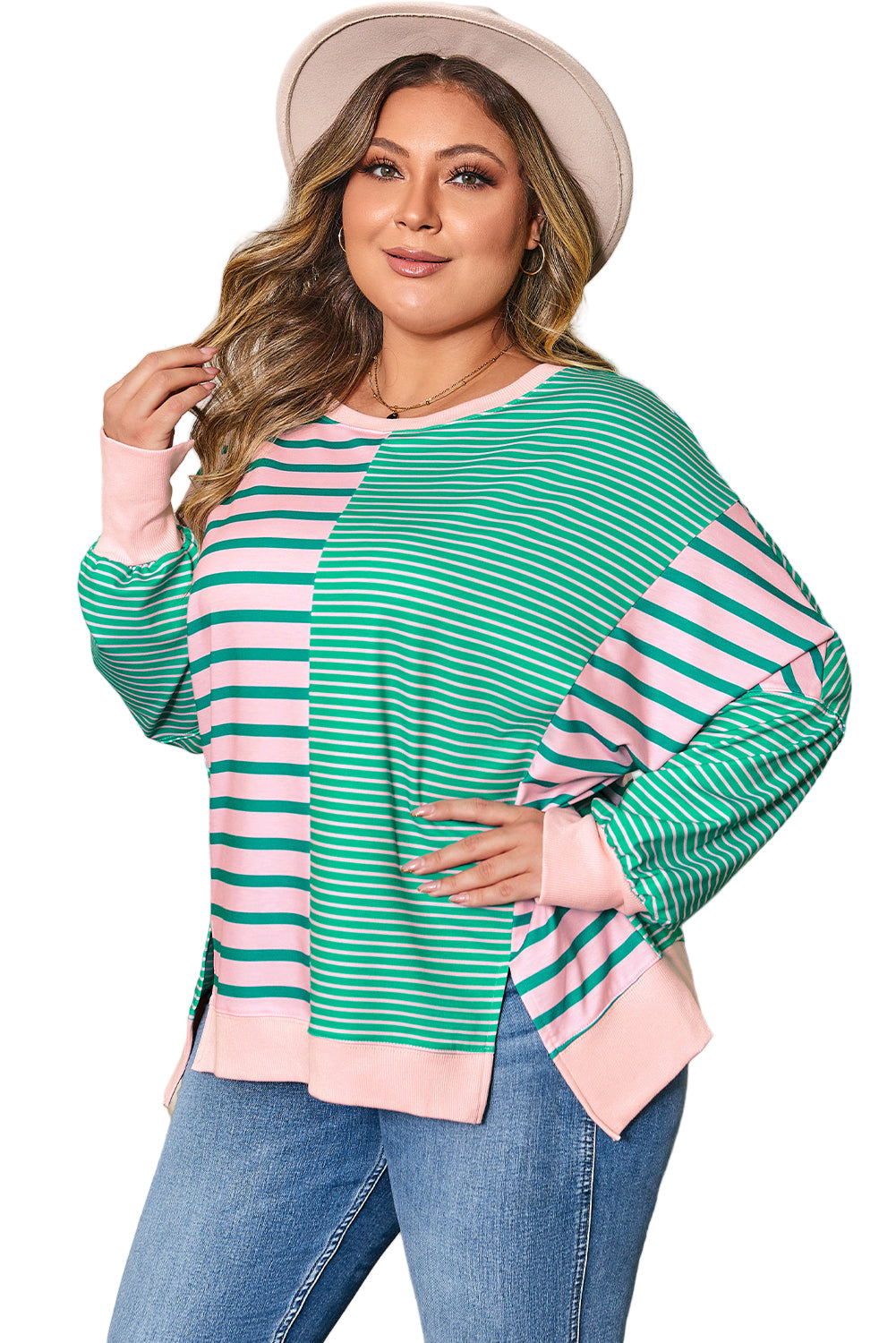 Green Stripe Color Block Sweatshirt