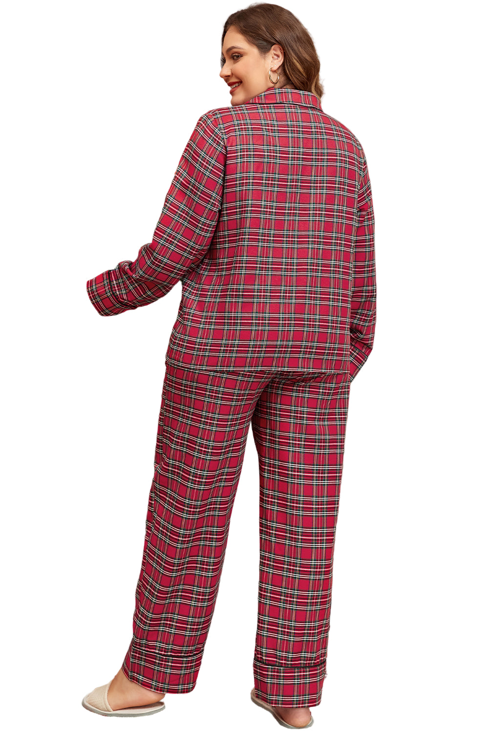 Red Plaid Printed Shirt and Pants Lounge Set