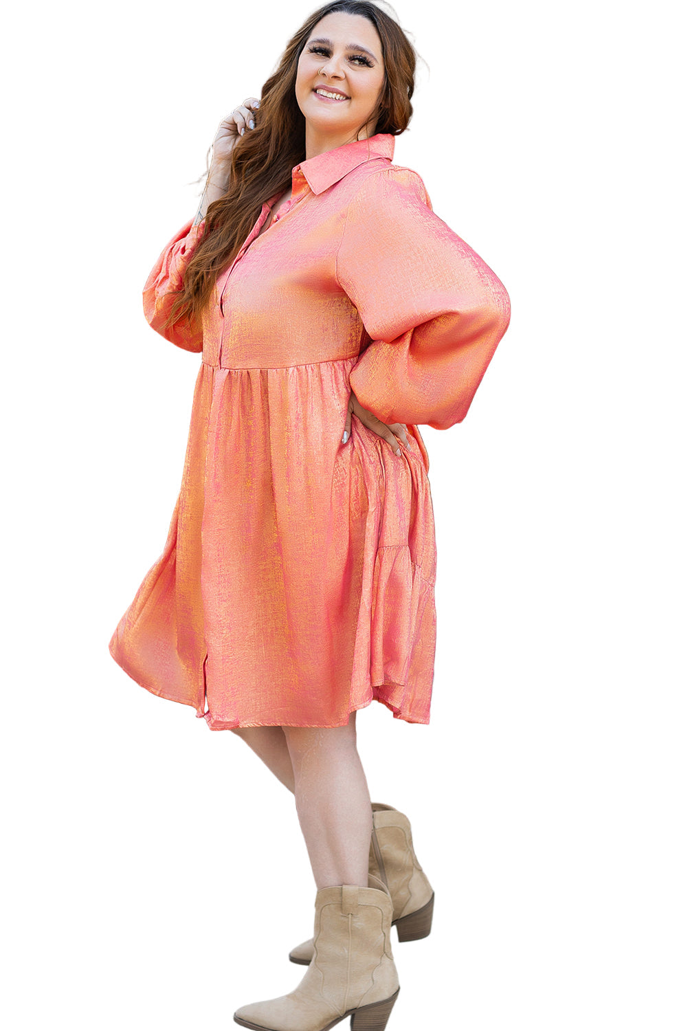 Peach Blossom Metallic Balloon Sleeve Shirt Mini Dress