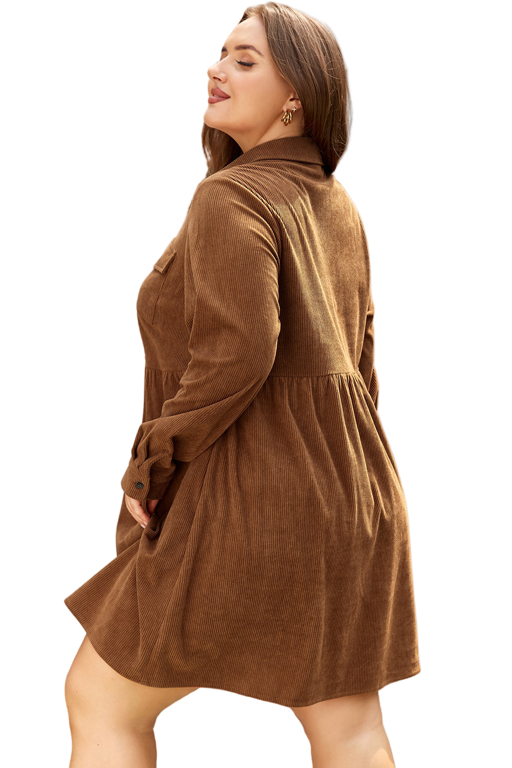 Camel Corduroy Collared Shirt Dress