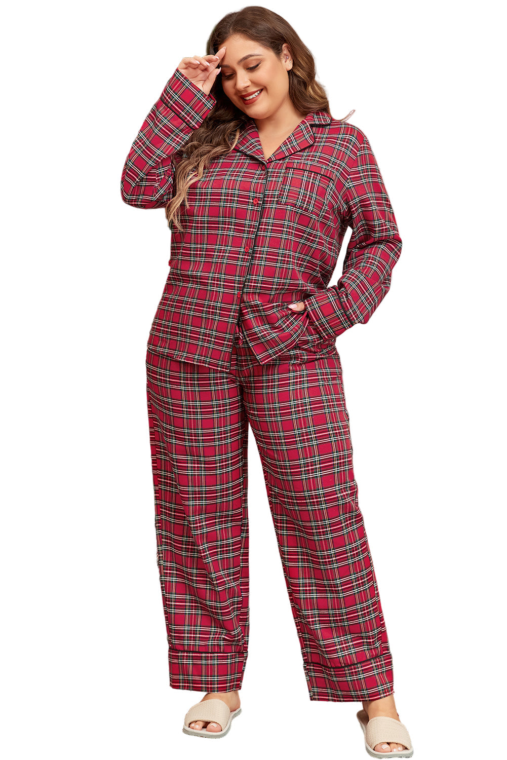 Red Plaid Printed Shirt and Pants Lounge Set