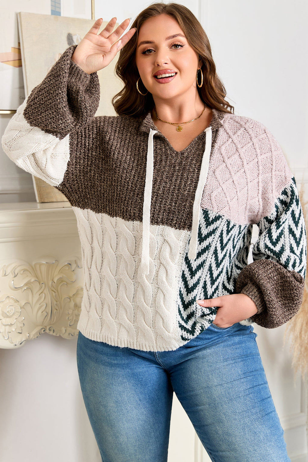 Color Block Patchwork Knotted Back Loose Fit Sweater