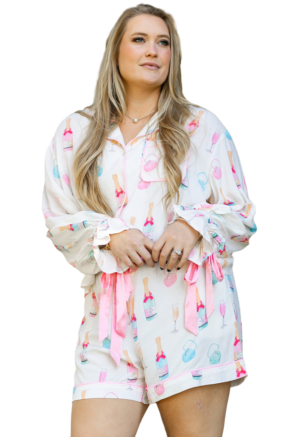 White Wine Glass Print Pajama Set