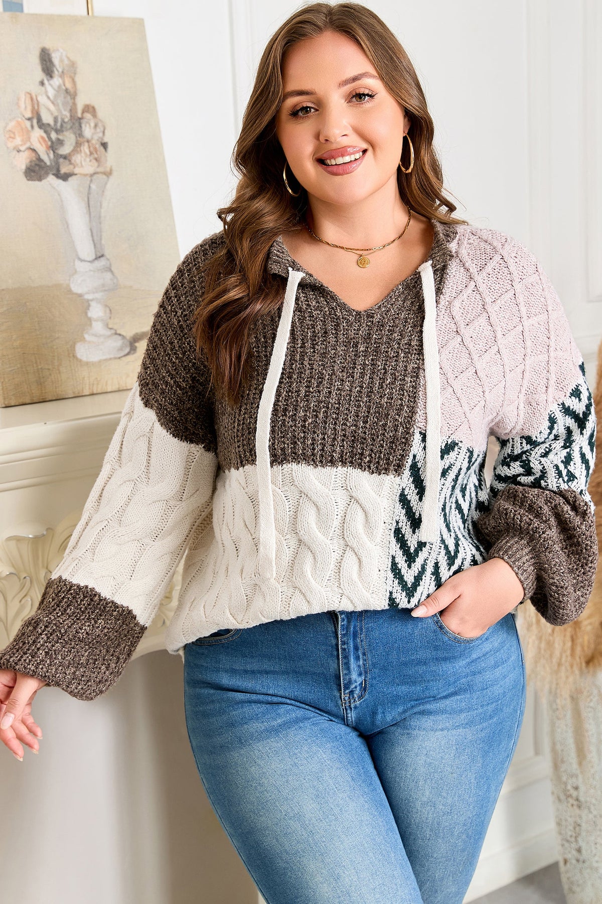 Color Block Patchwork Knotted Back Loose Fit Sweater