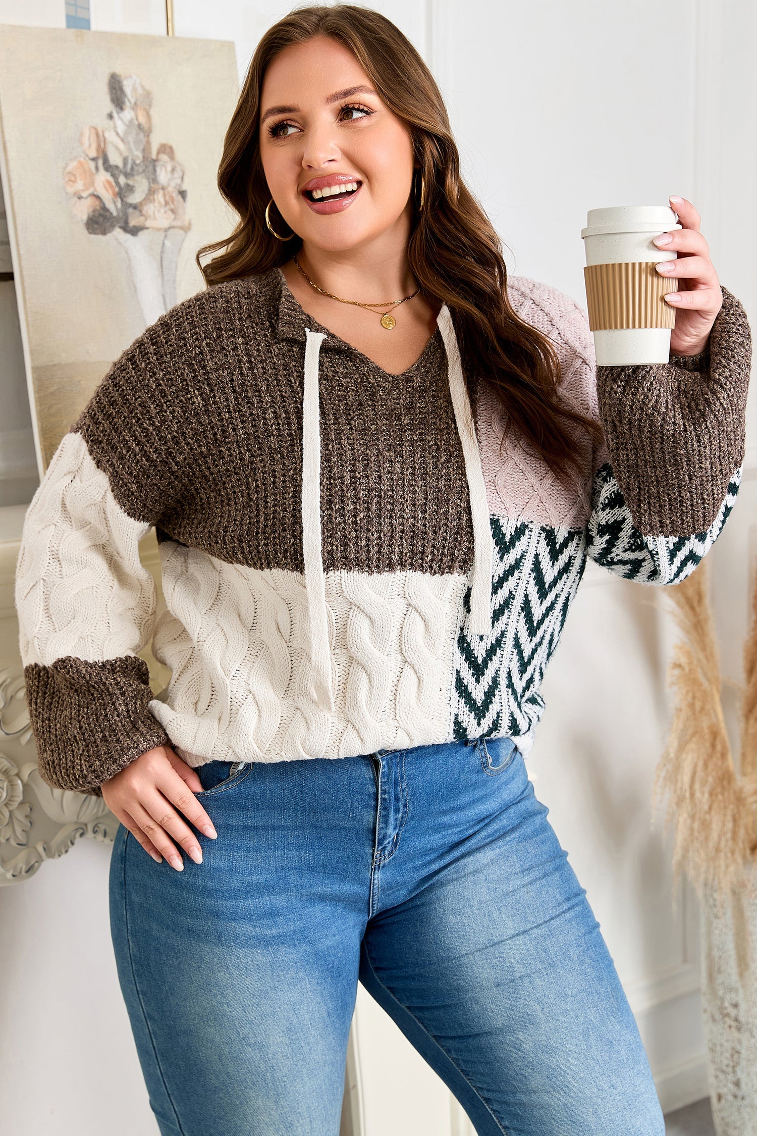 Color Block Patchwork Knotted Back Loose Fit Sweater