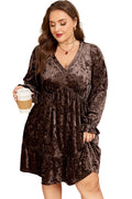 Coffee Plus Size Velvet Babydoll Mini Dress with Puff Sleeve