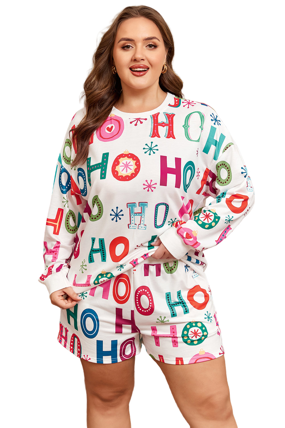 Christmas "Ho Ho Ho" Print Long Sleeve Top & Shorts 2pc Lounge Set