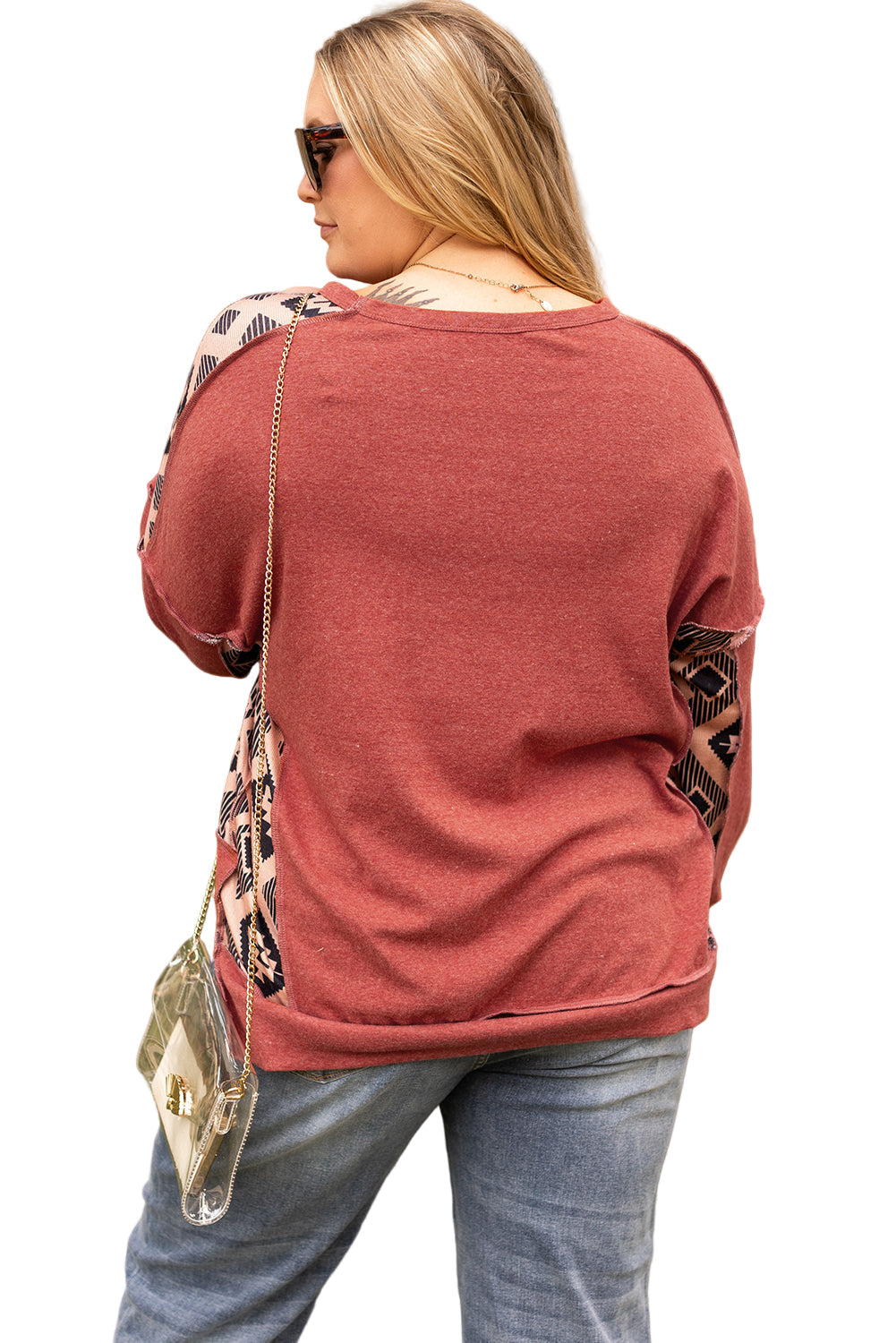 Redwood Burl Aztec Patchwork Drop Shoulder Plus Size High Low Sweatshirt