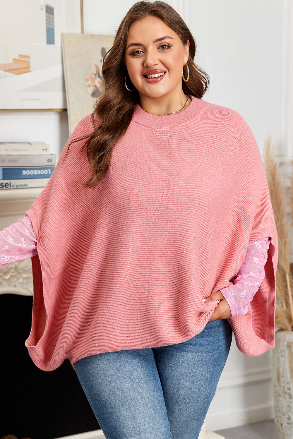 Light Pink Ribbed Knit Half Sleeve Poncho Sweater