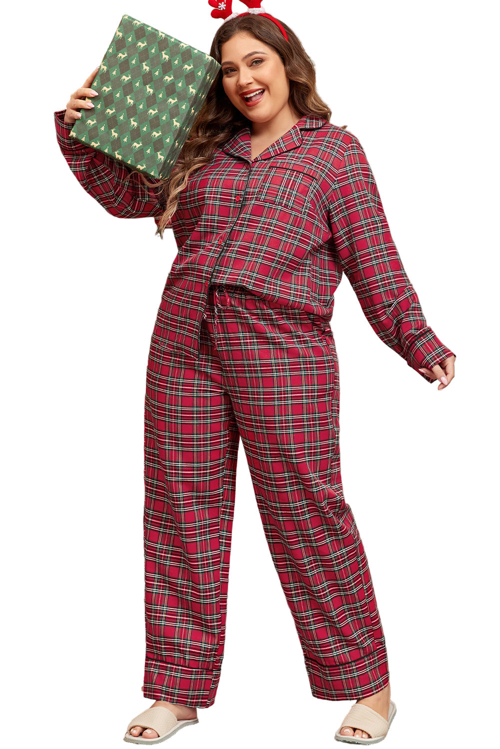 Red Plaid Printed Shirt and Pants Lounge Set