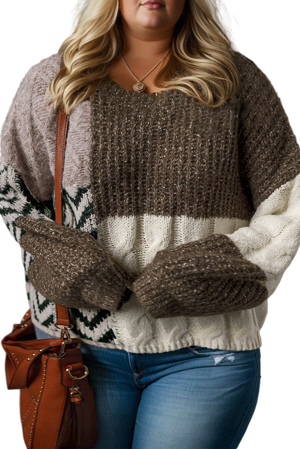 Color Block Patchwork Knotted Back Loose Fit Sweater