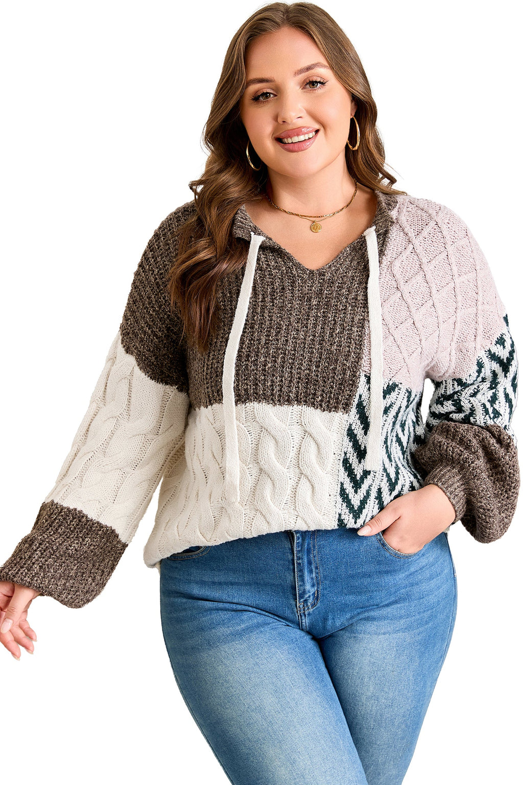Color Block Patchwork Knotted Back Loose Fit Sweater