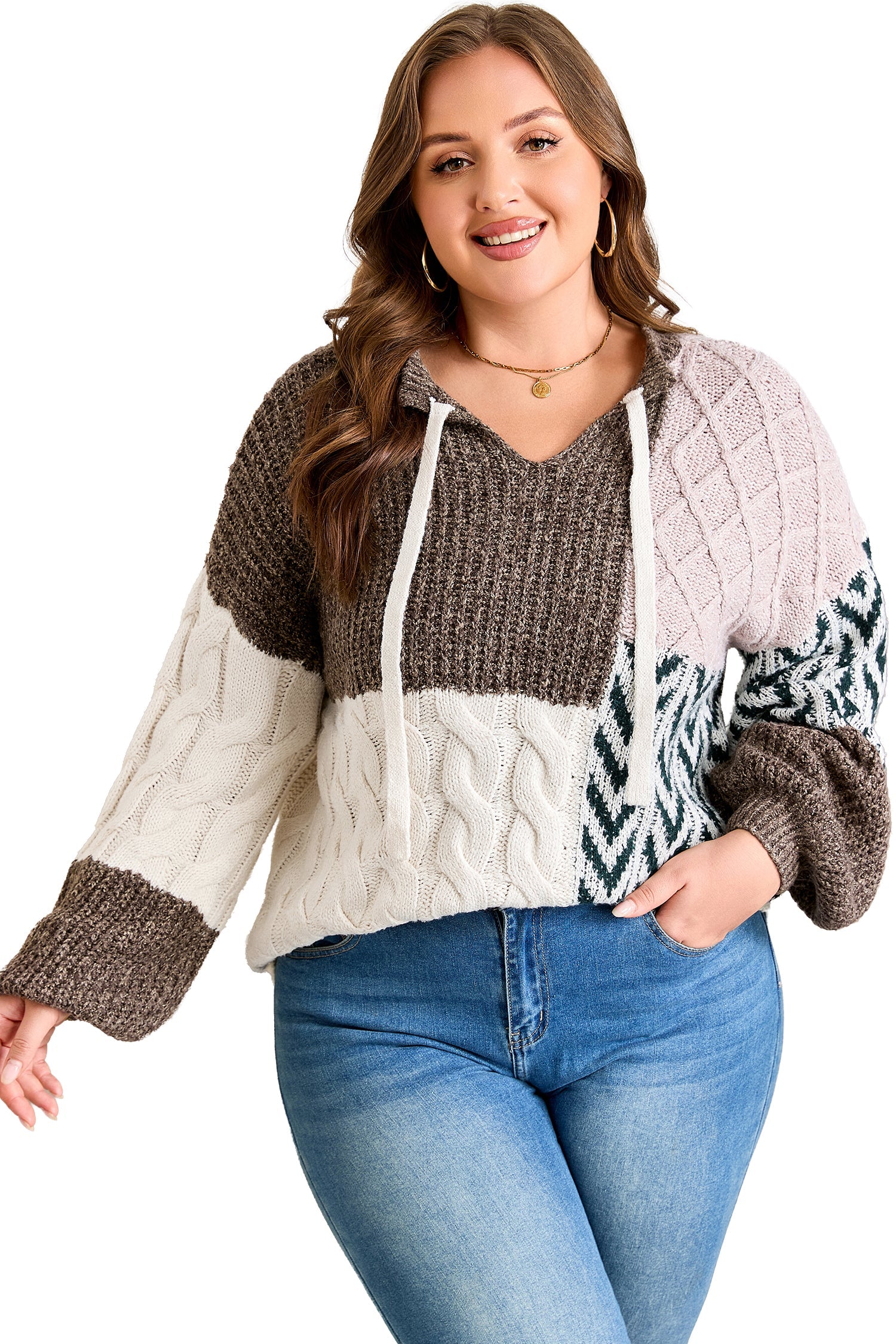 Color Block Patchwork Knotted Back Loose Fit Sweater