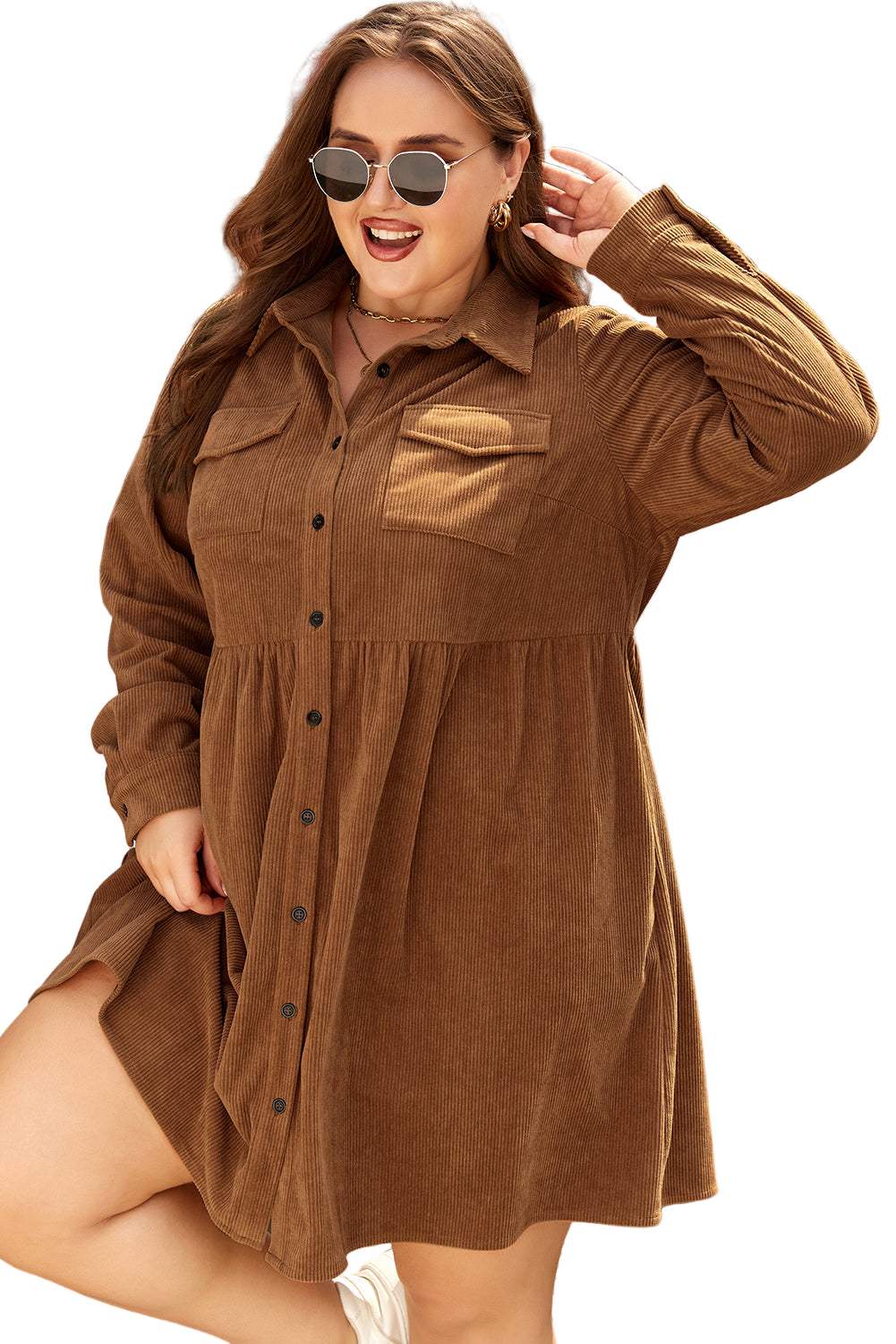 Camel Corduroy Collared Shirt Dress