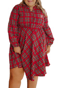 Red Plus Size Plaid Half Button Long Sleeve Holiday Dress