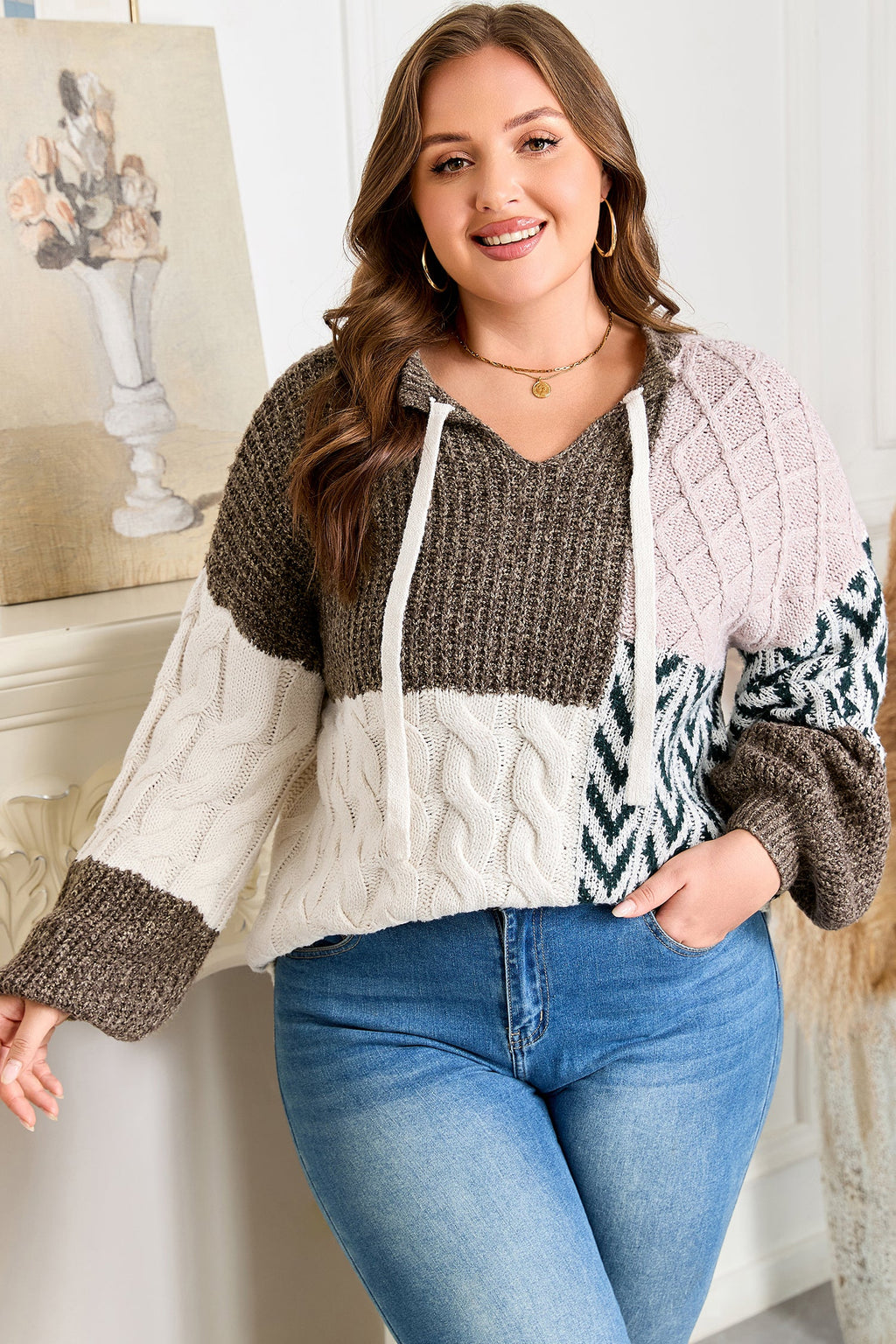 Color Block Patchwork Knotted Back Loose Fit Sweater