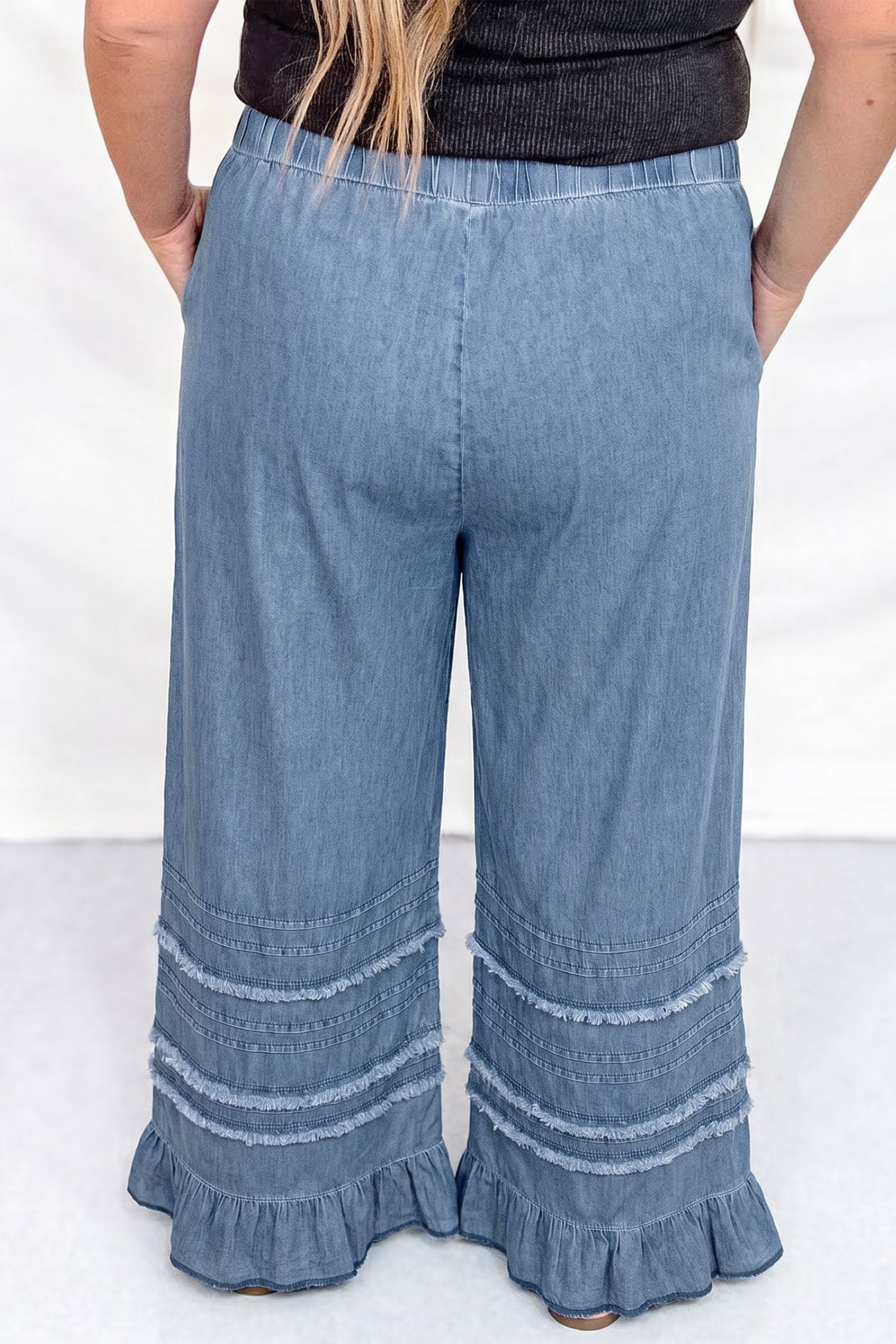 Dusk Blue Tiered Raw Edge Ruffled Wide Leg Denim Pants