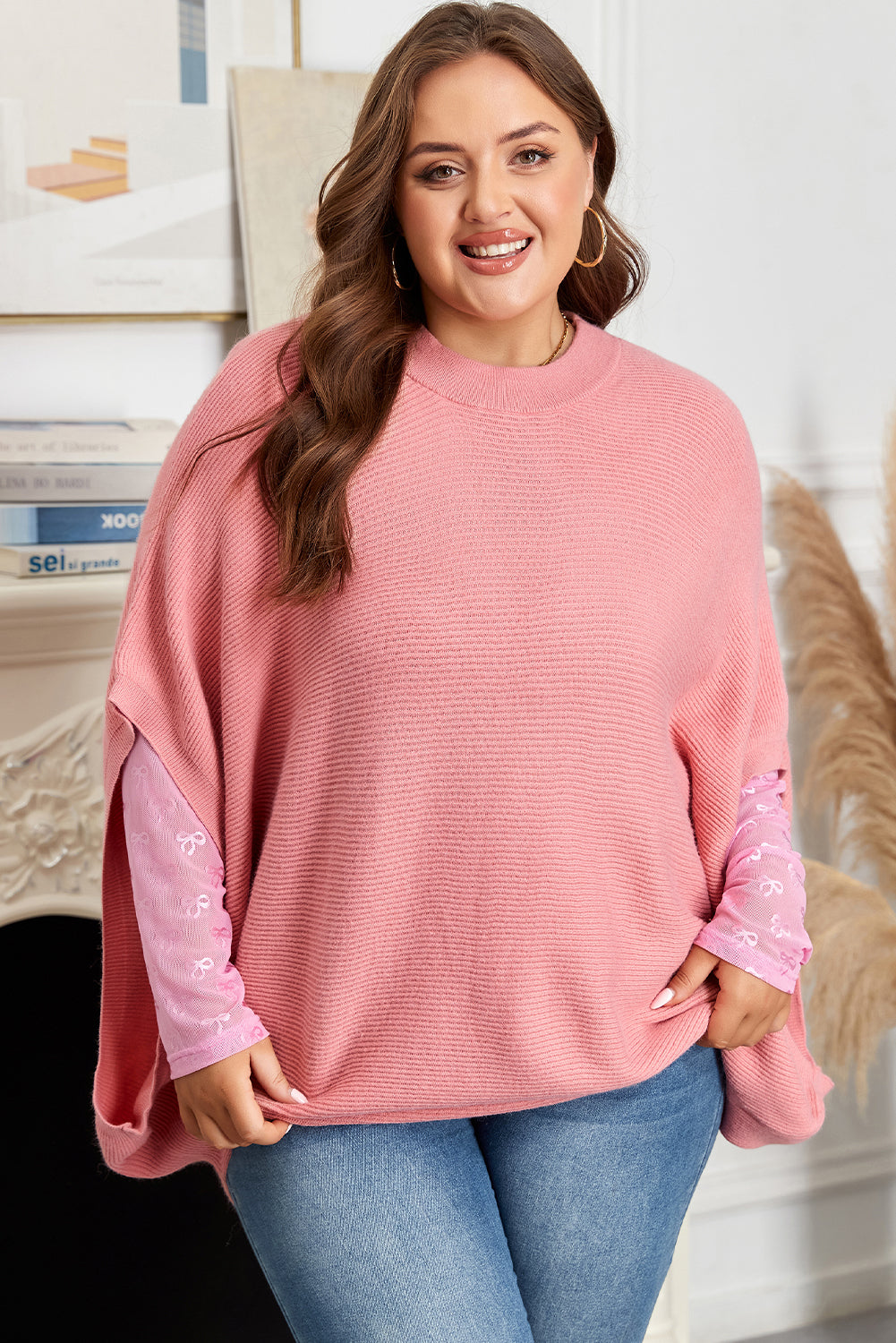 Light Pink Ribbed Knit Half Sleeve Poncho Sweater