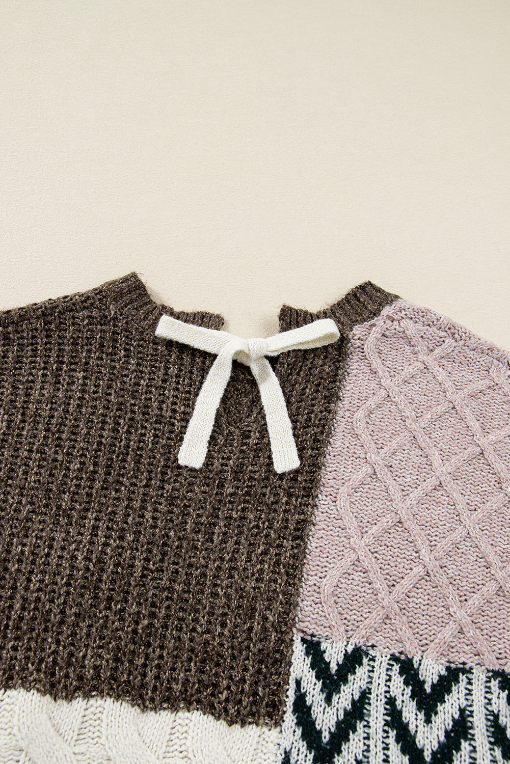 Color Block Patchwork Knotted Back Loose Fit Sweater