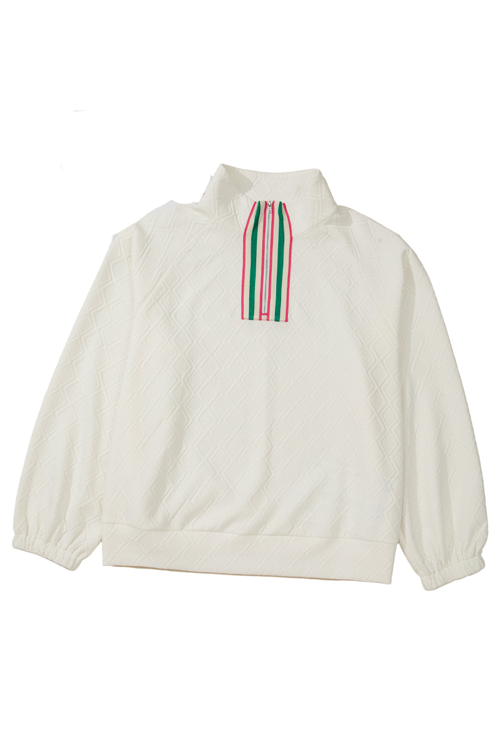 Beige Rhombus Texture Contrast Striped Collar Sweatshirt