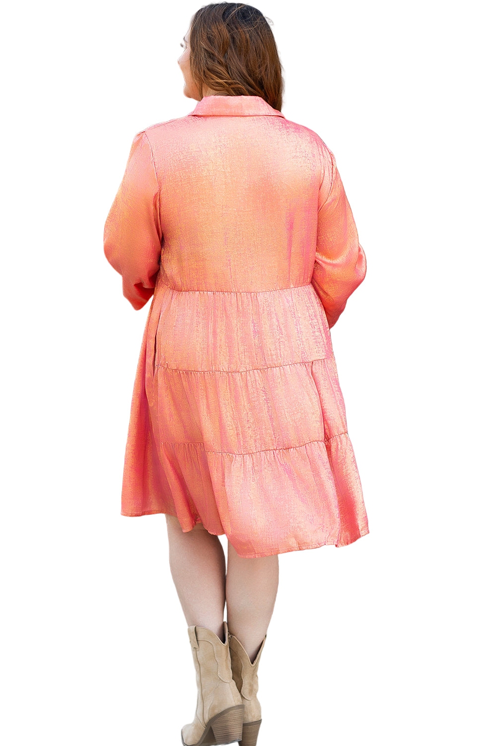 Peach Blossom Metallic Balloon Sleeve Shirt Mini Dress