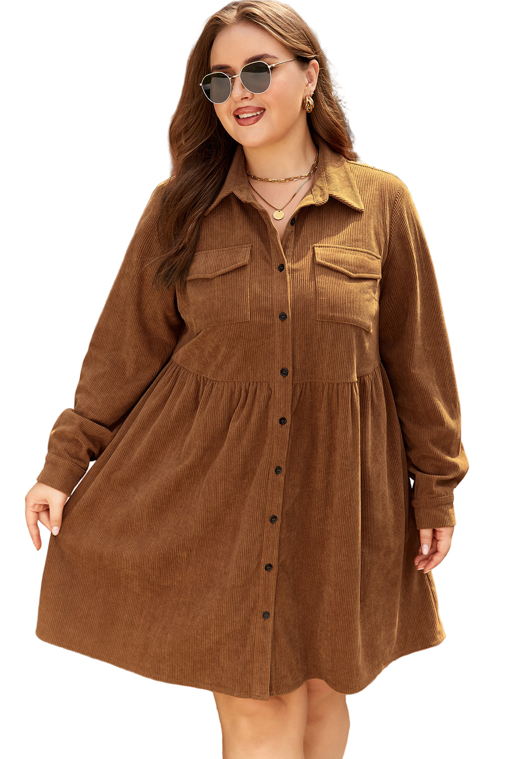 Camel Corduroy Collared Shirt Dress