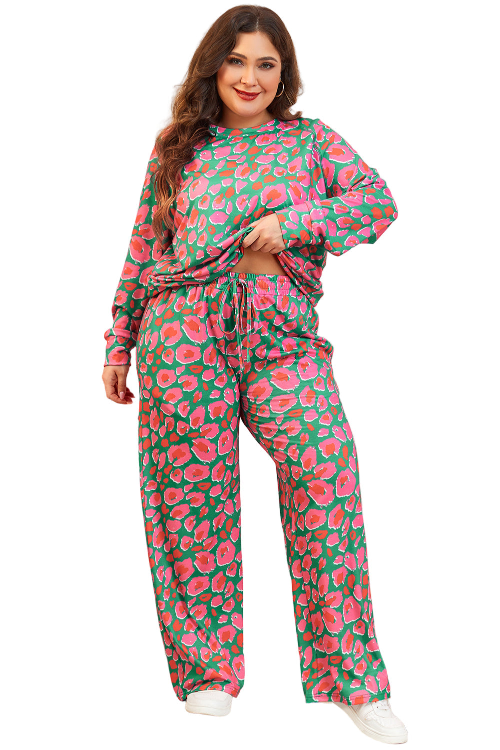 Green Plus Size Printed Long Sleeve and Pants Lounge Set
