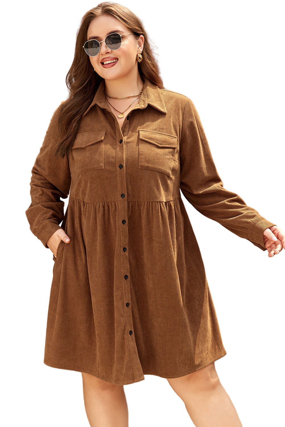 Camel Corduroy Collared Shirt Dress