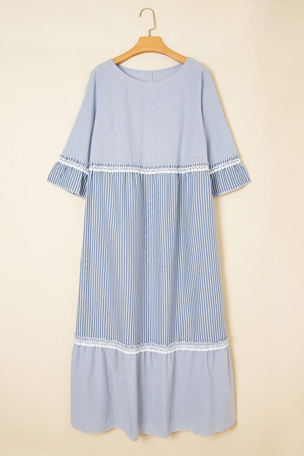 Plus Size Stripe Patchwork Lace Trim 3/4 Sleeve Maxi Dress