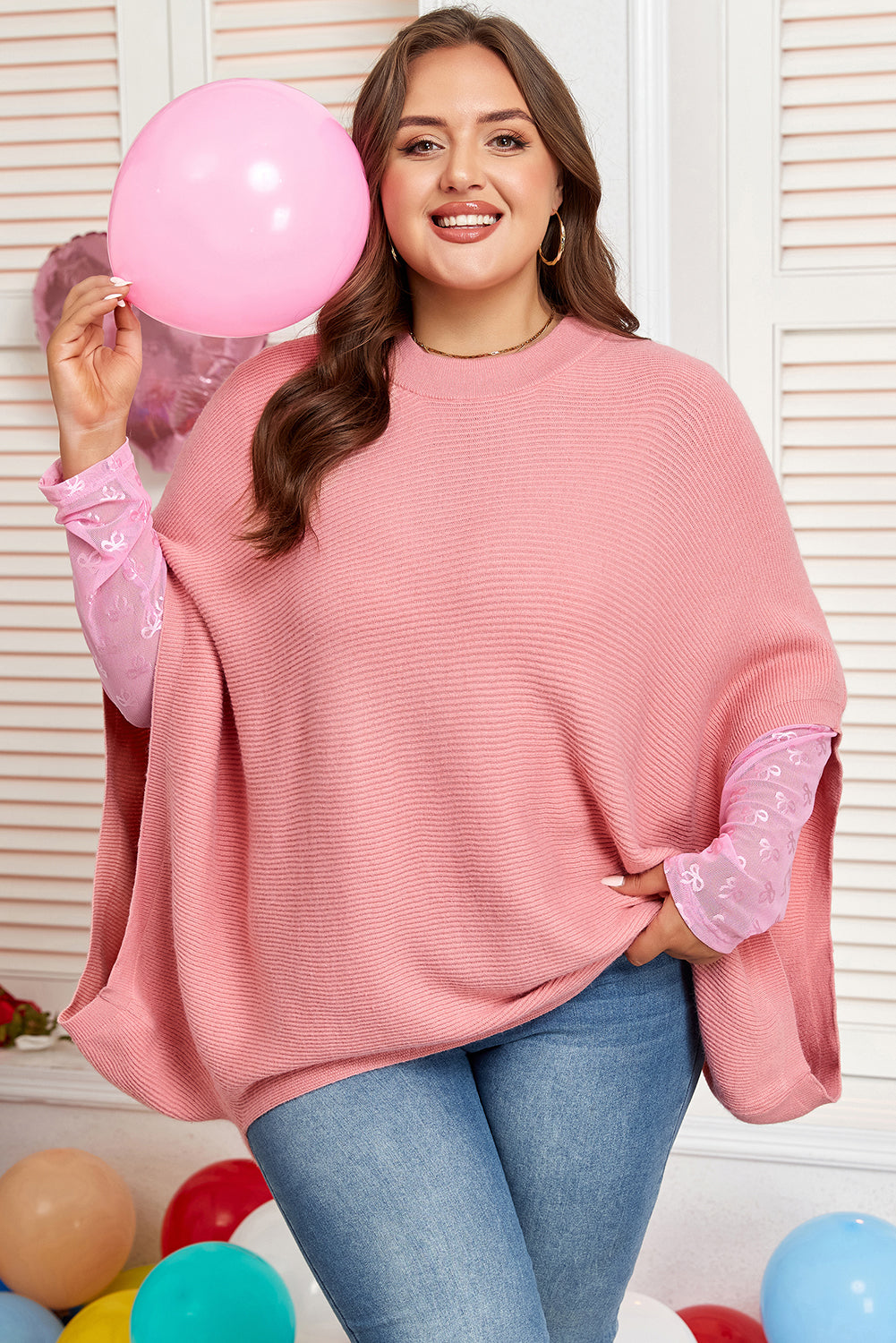 Light Pink Ribbed Knit Half Sleeve Poncho Sweater