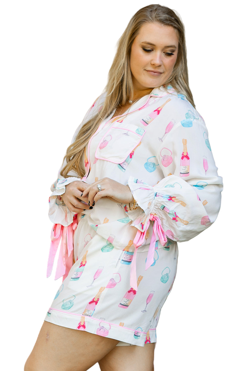 White Wine Glass Print Pajama Set
