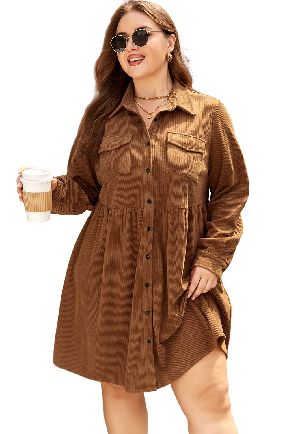 Camel Corduroy Collared Shirt Dress