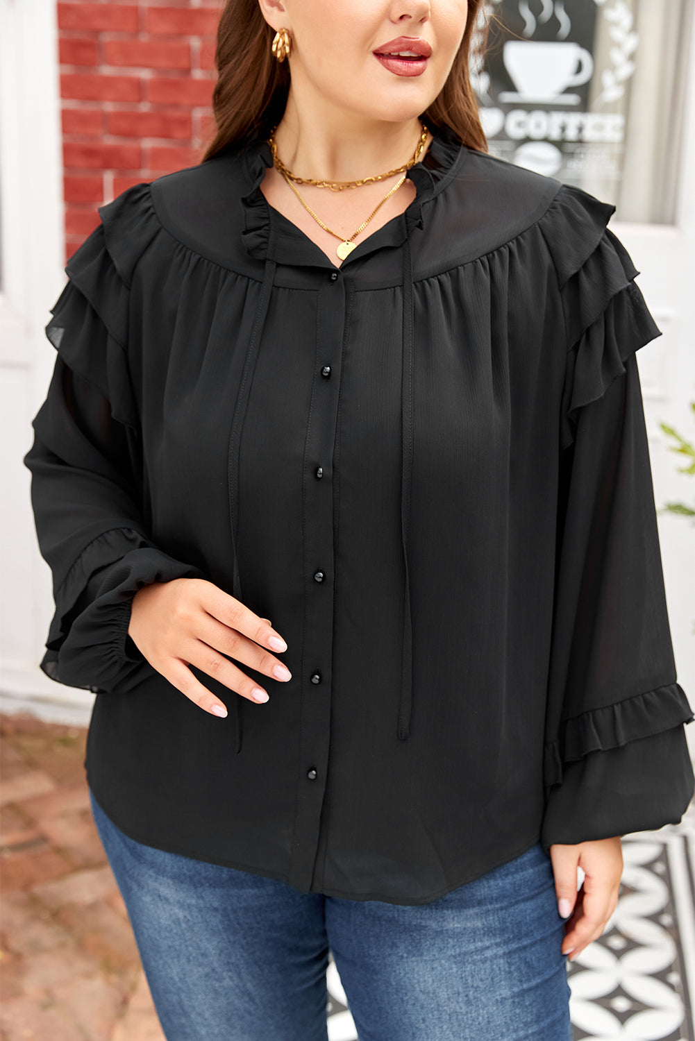 Black Ruffle Balloon Sleeve Chiffon Elegant Shirt