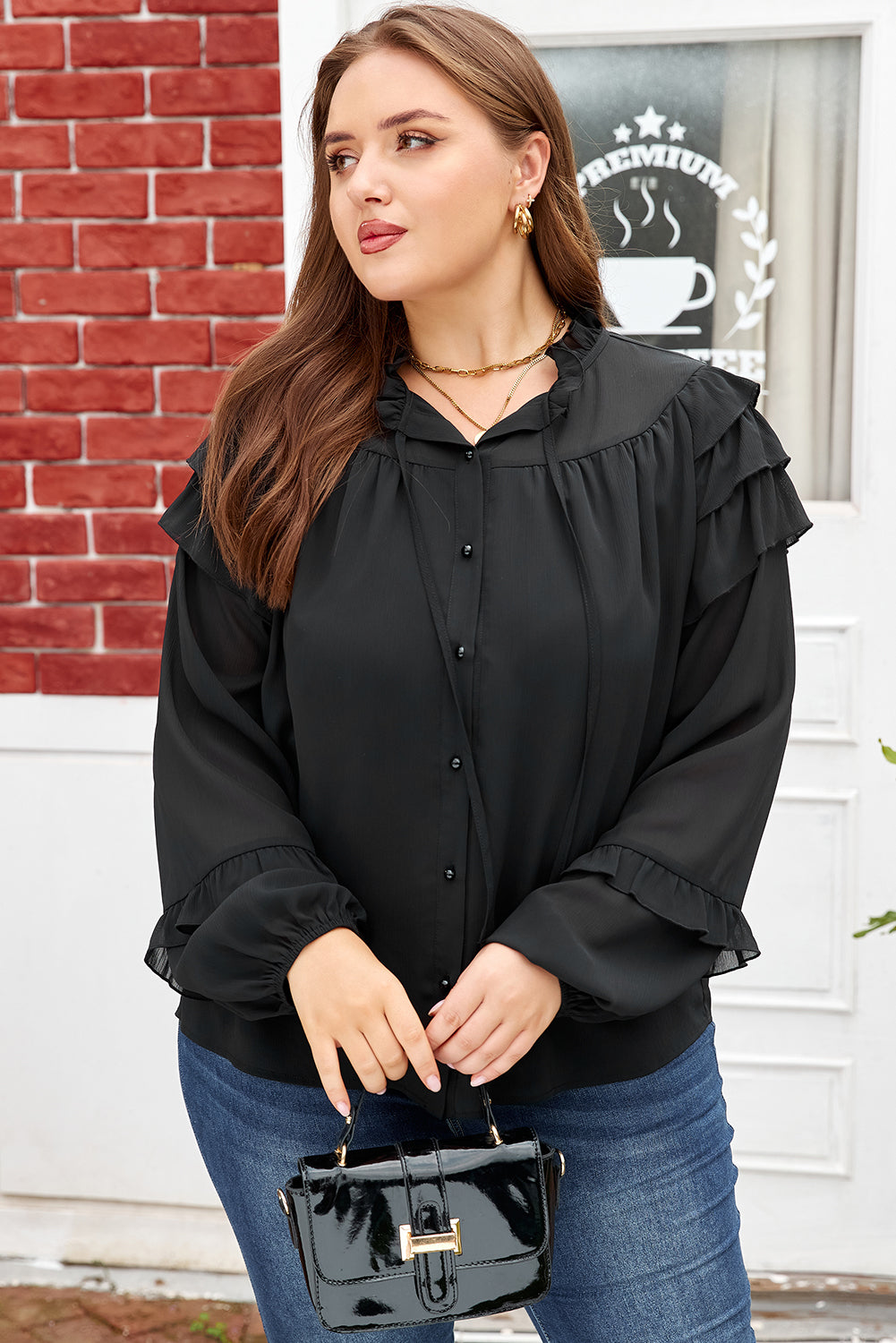 Black Ruffle Balloon Sleeve Chiffon Elegant Shirt