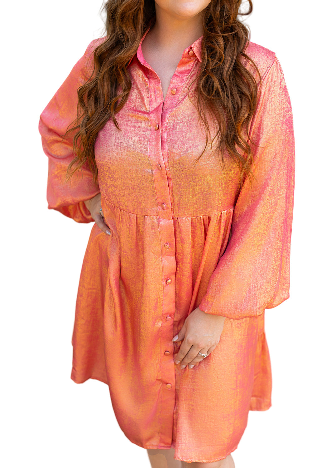 Peach Blossom Metallic Balloon Sleeve Shirt Mini Dress